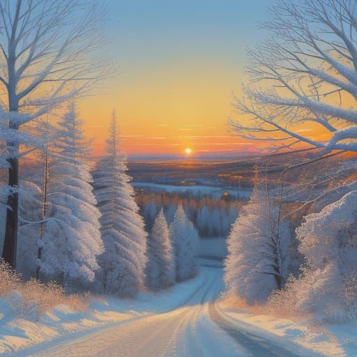 Vibrant Oil Painting of Snowy Winter Road at Golden Hour