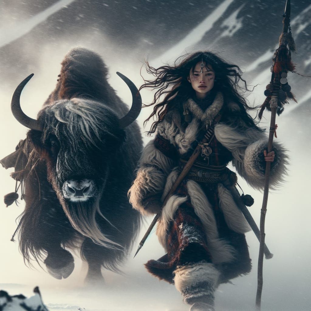 Tribal Girl and Battle Yak in Snowy Landscape