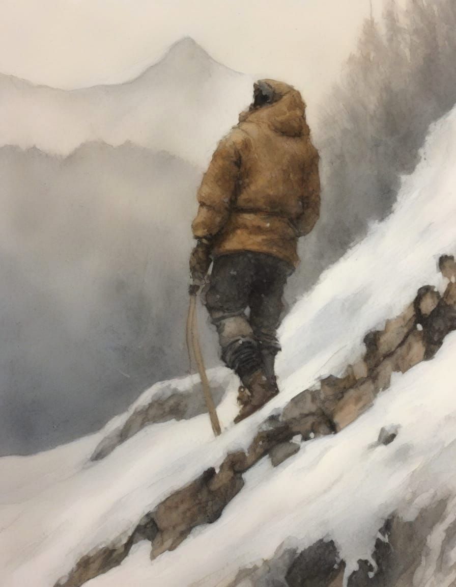 Mountain Climber Battling Blizzard in Dramatic Style
