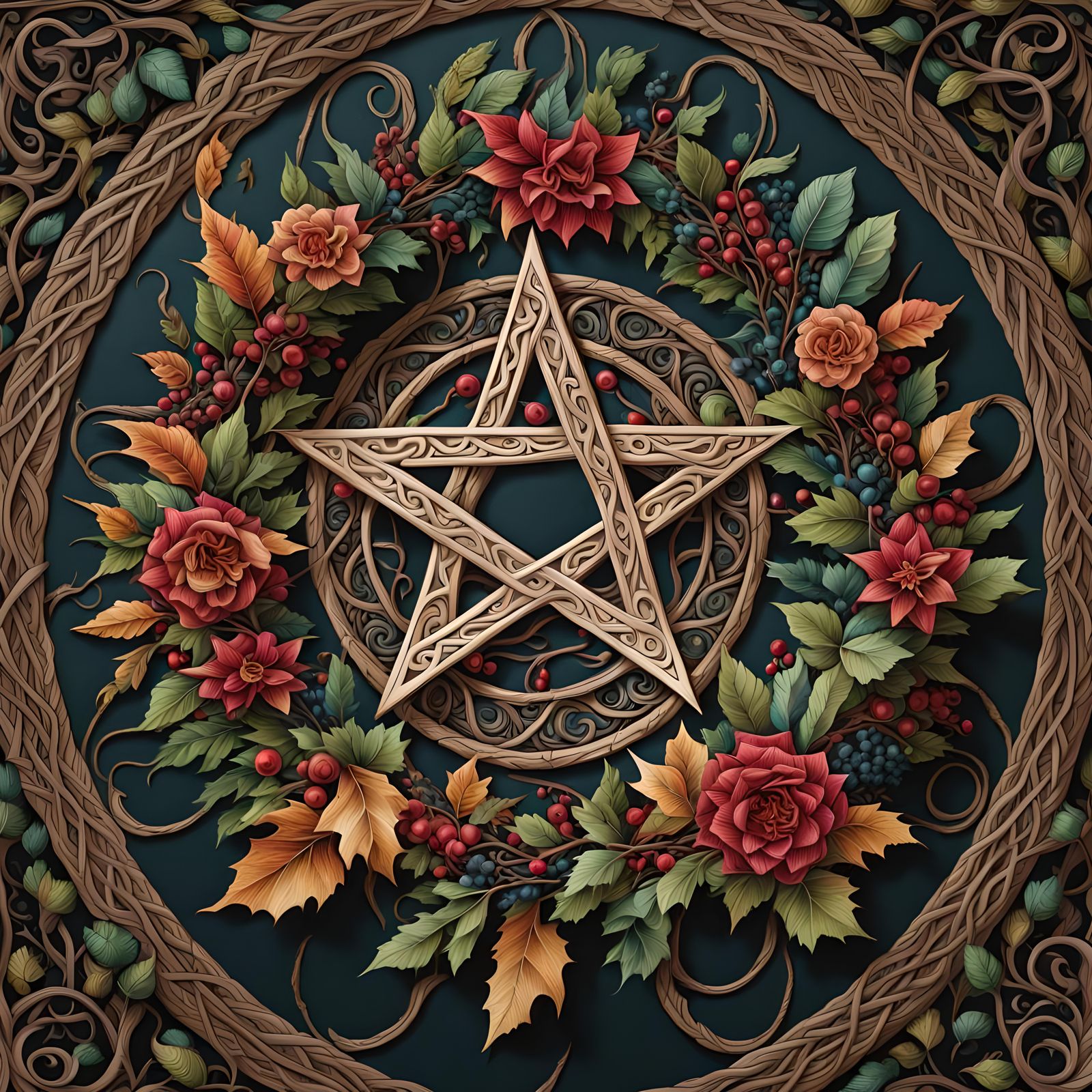 Intricate Woven Pentagram with Floral Wreath