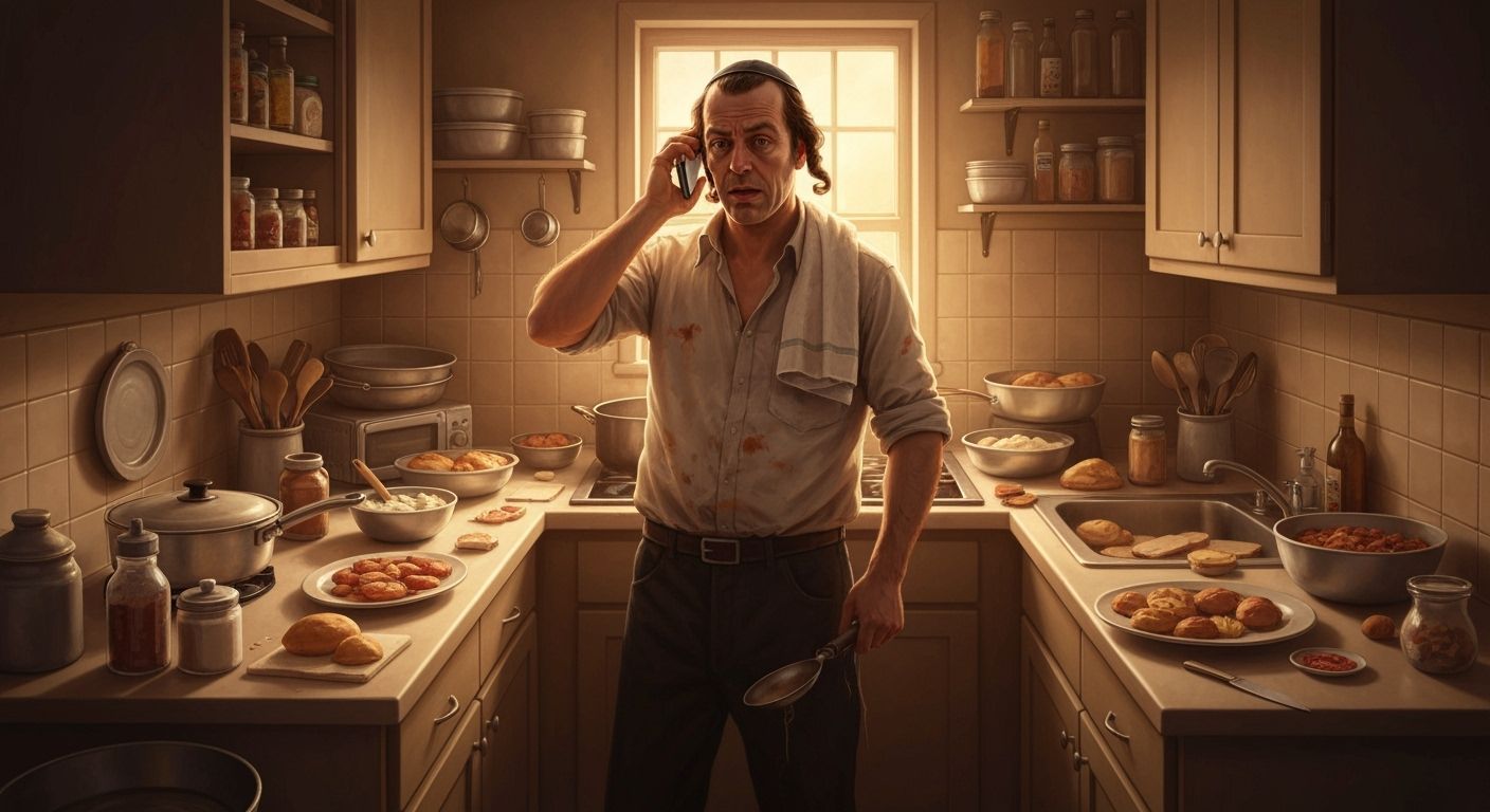 Multitasking Chef in Cluttered Kitchen