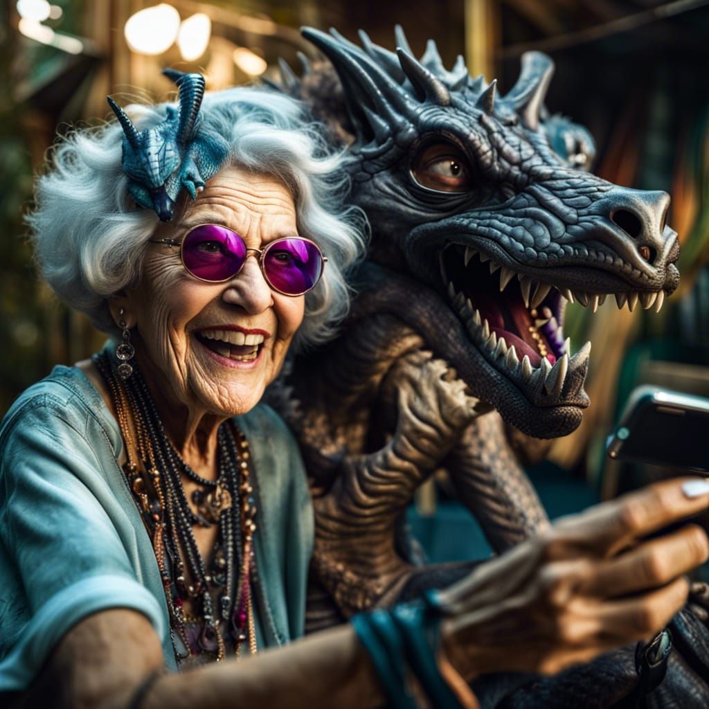 Funky Grandma's Selfie with a Dragon Hybrid