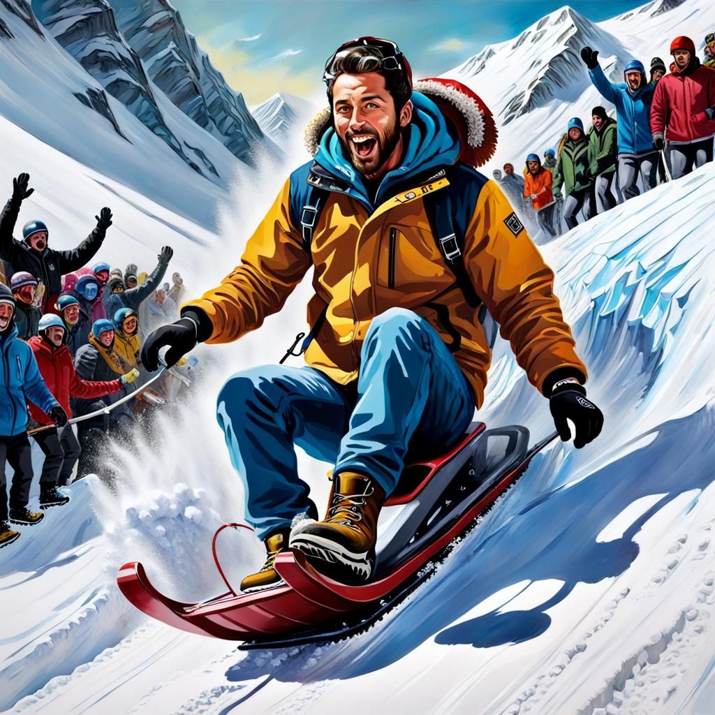 Hyperrealistic Sledder in Mid-Air, Graffiti Art Style