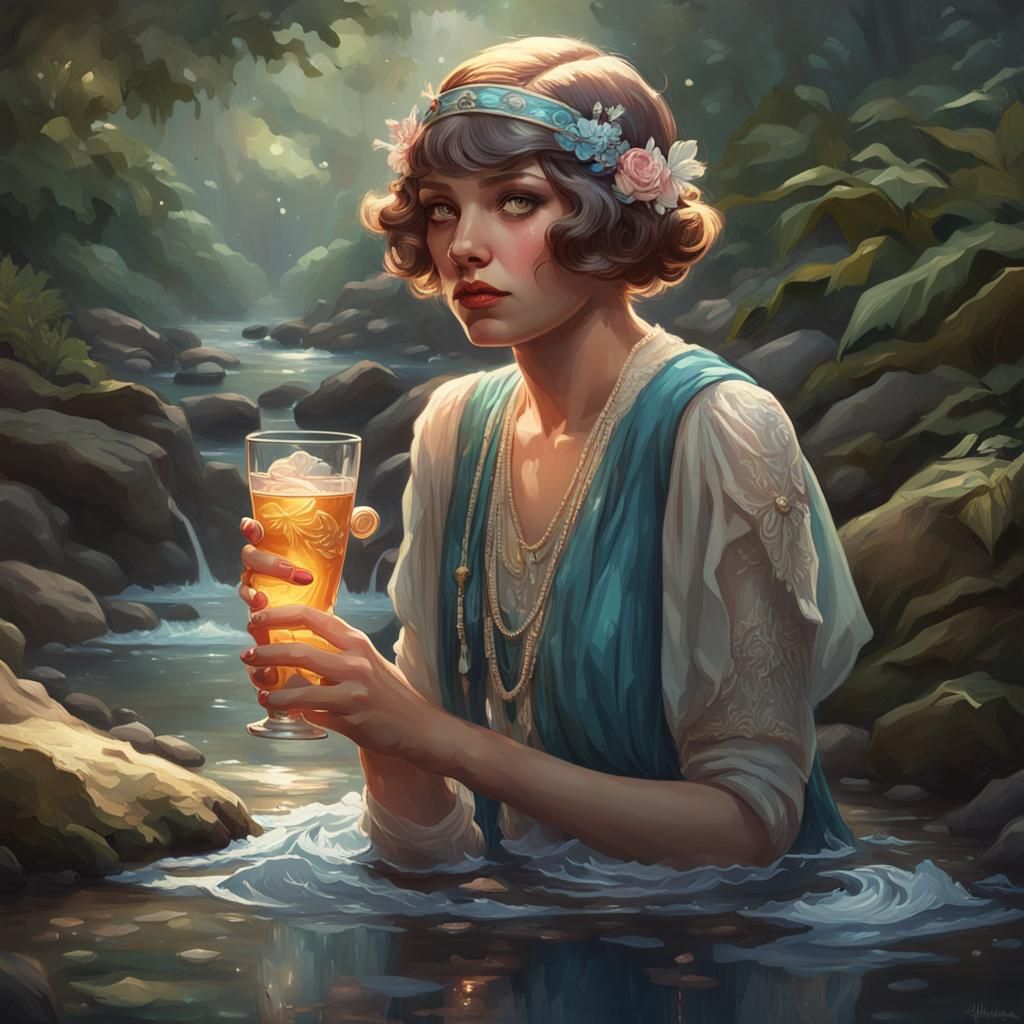 Flapper Fairy Sipping Nectar: Art Nouveau Portrait