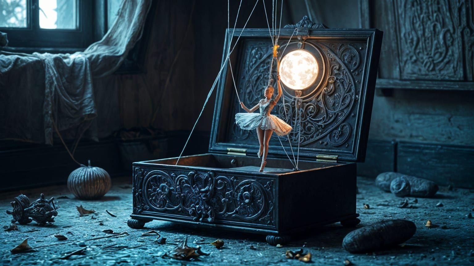 Ghostly Ballerina in Ornate Music Box