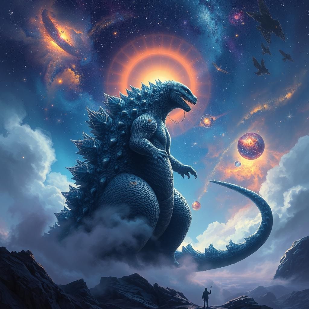 Godzilla Amidst an Ethereal Star-Studded Galaxy