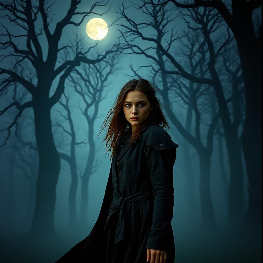 Ethereal Woman in Moonlit Haunted Forest, Cinematic Style