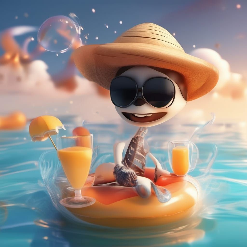 Cute Skeleton Tubing Down River in Whimsical Cartoon Style