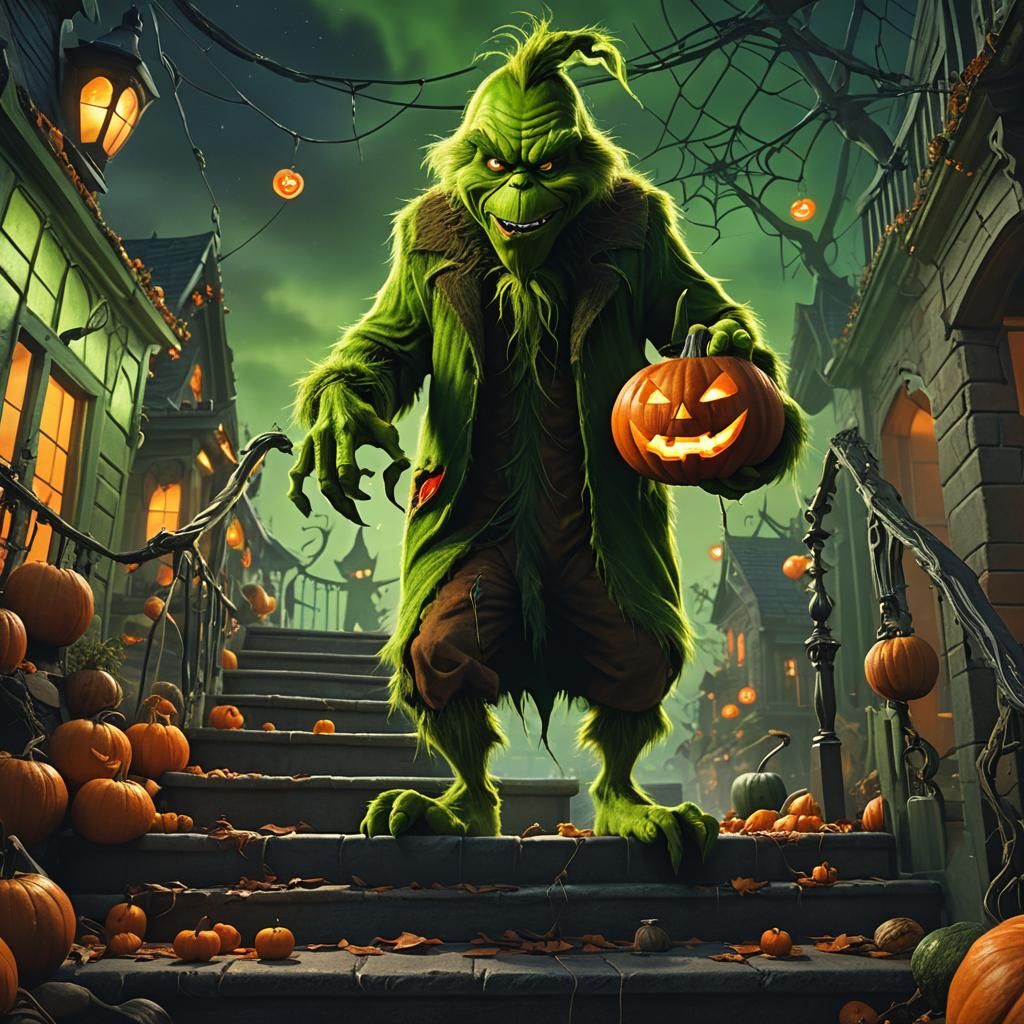 Grinch Steals Jack-o-Lantern in Fantasy Concept Art