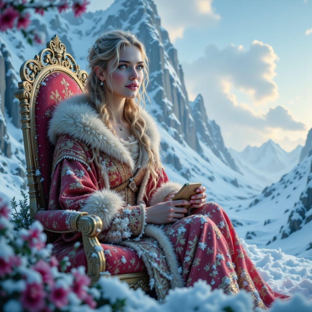 Siberian Princess on Ruby Throne in Icy Landscape