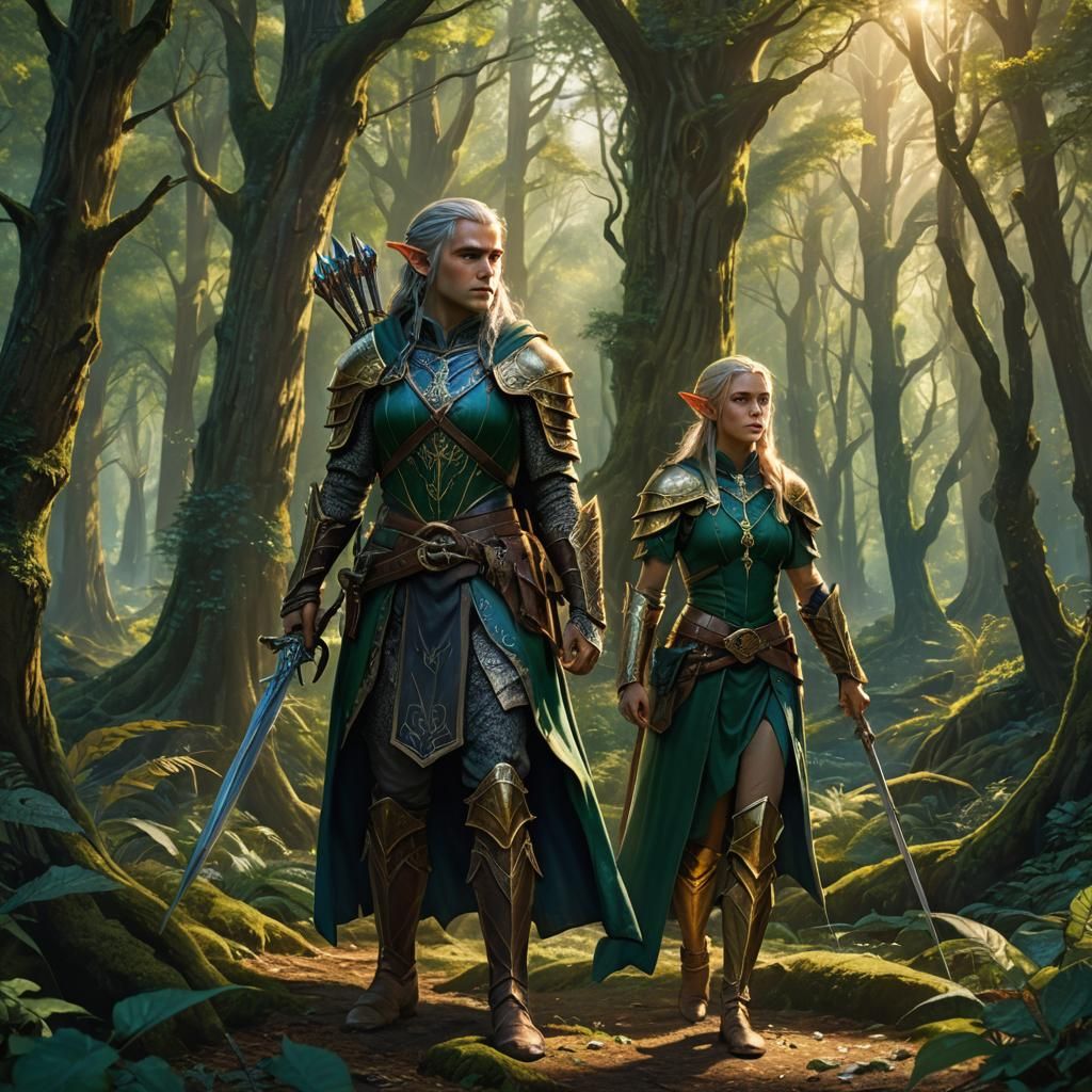 Elf Warrior and Wizard in Middle Earth Forest