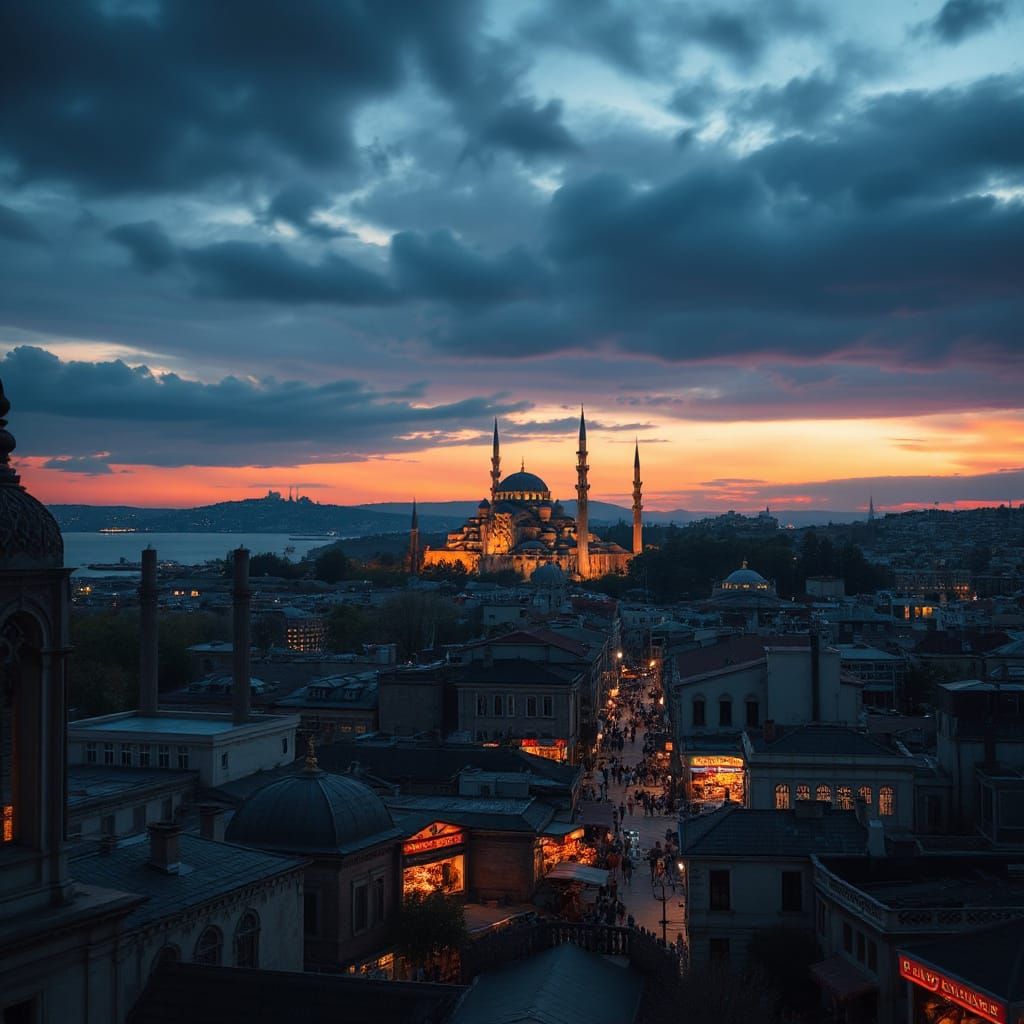 Mystical Istanbul Cityscape at Dusk with Hagia Sophia and Bl...
