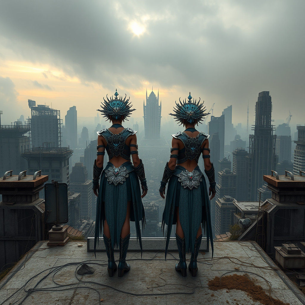 Dystopian Twins on Rooftop Overlooking Decaying Cityscape
