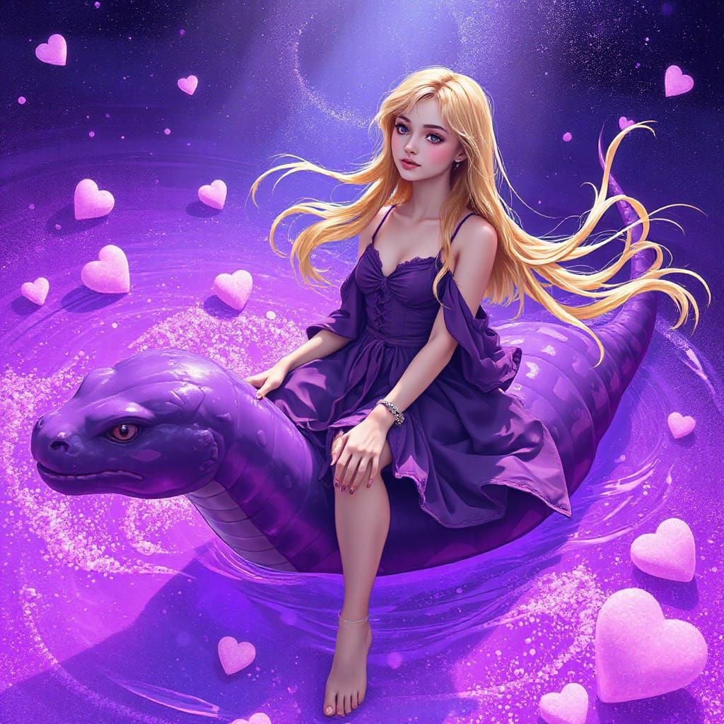 Woman on Gummy Serpent in Purple Soda Dreamscape