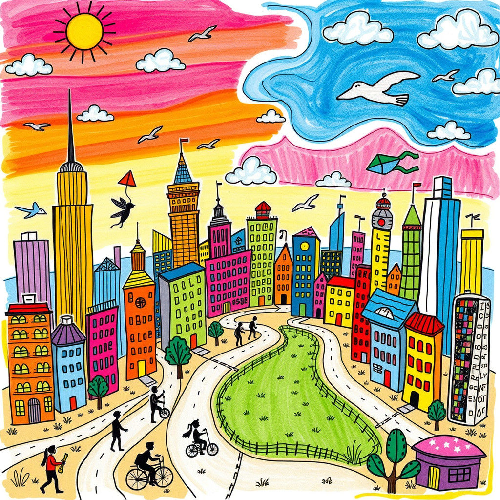 Whimsical Hand-Drawn Metropolis with Cartoon Animals and Doo...