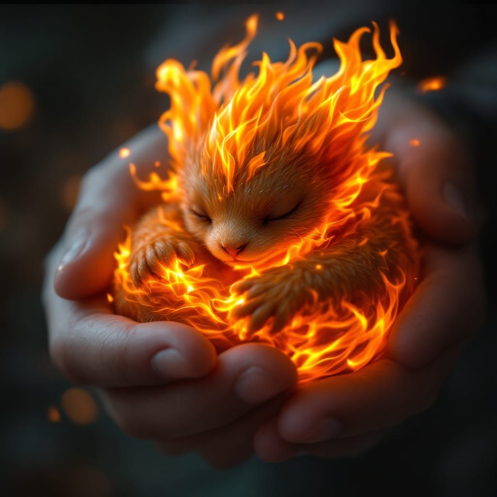 Baby Flame Griffon Creature Rests in Fiery Embrace