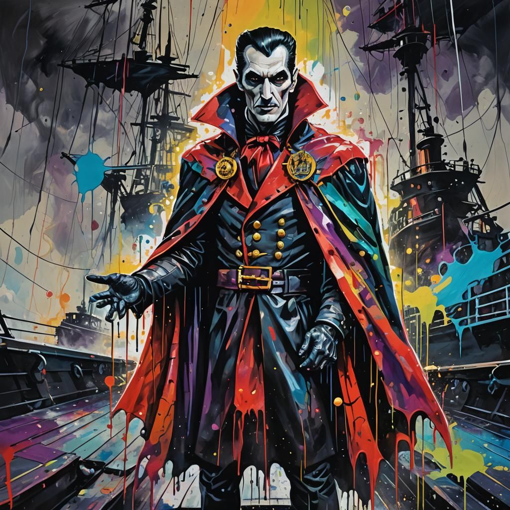 Dracula as Ship Captain in Vibrant Street Art