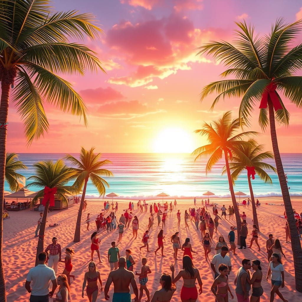 Vibrant Beach Scene at Sunset, with Palm Trees and Christmas...