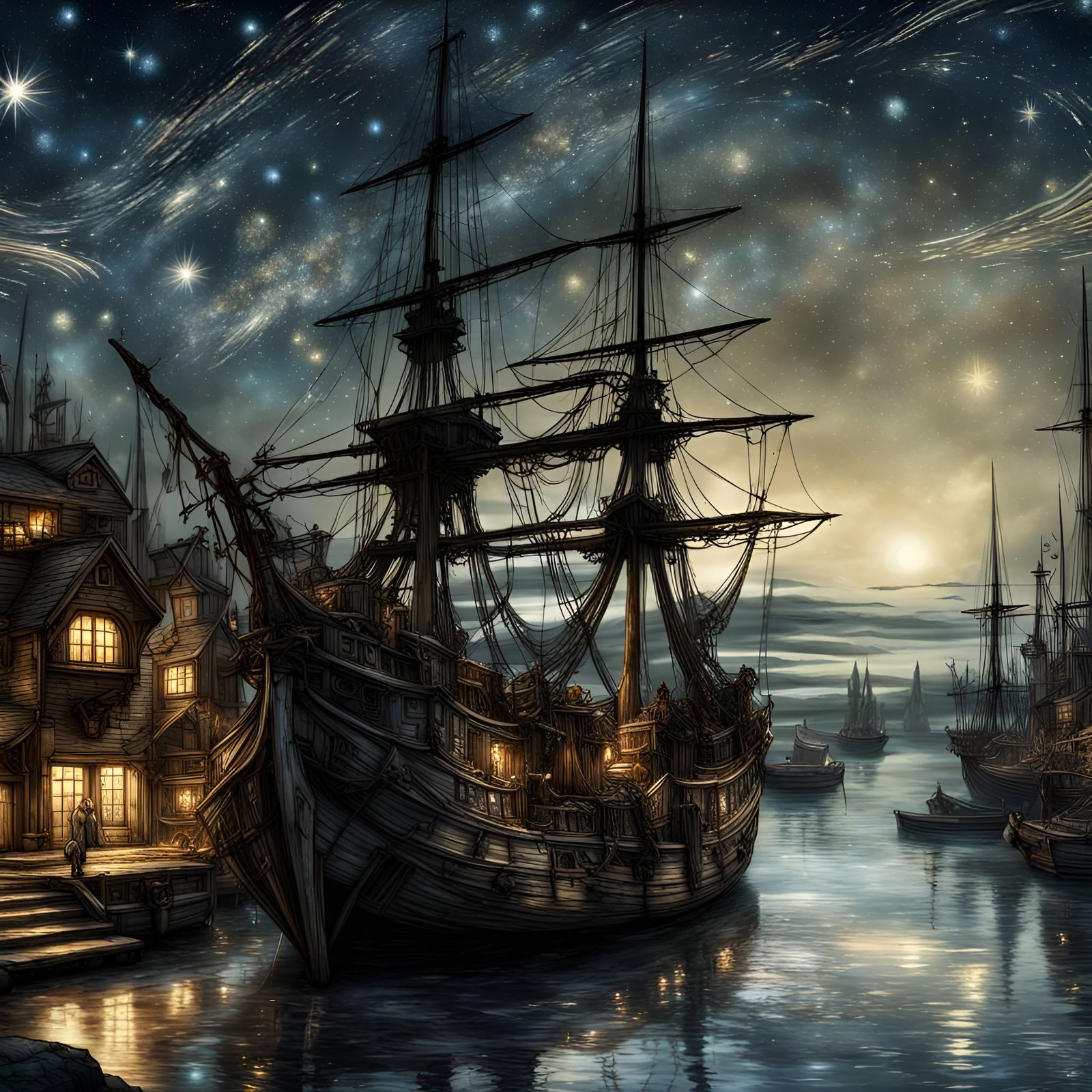 Beautiful fantasy etheareal fantasy harbor, stars in backgro...