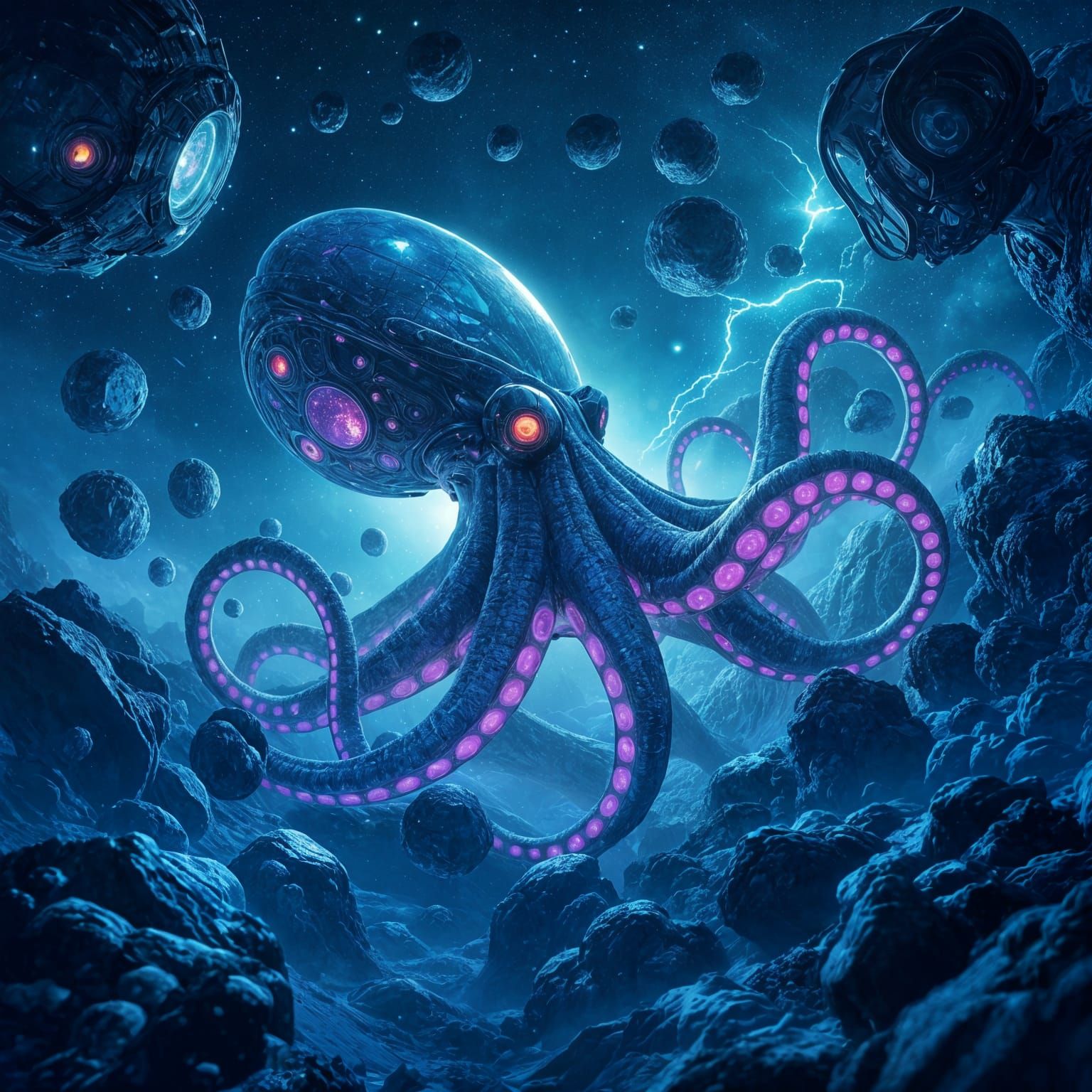 Colossal Bioluminescent Kraken in Crystalline Asteroid Field