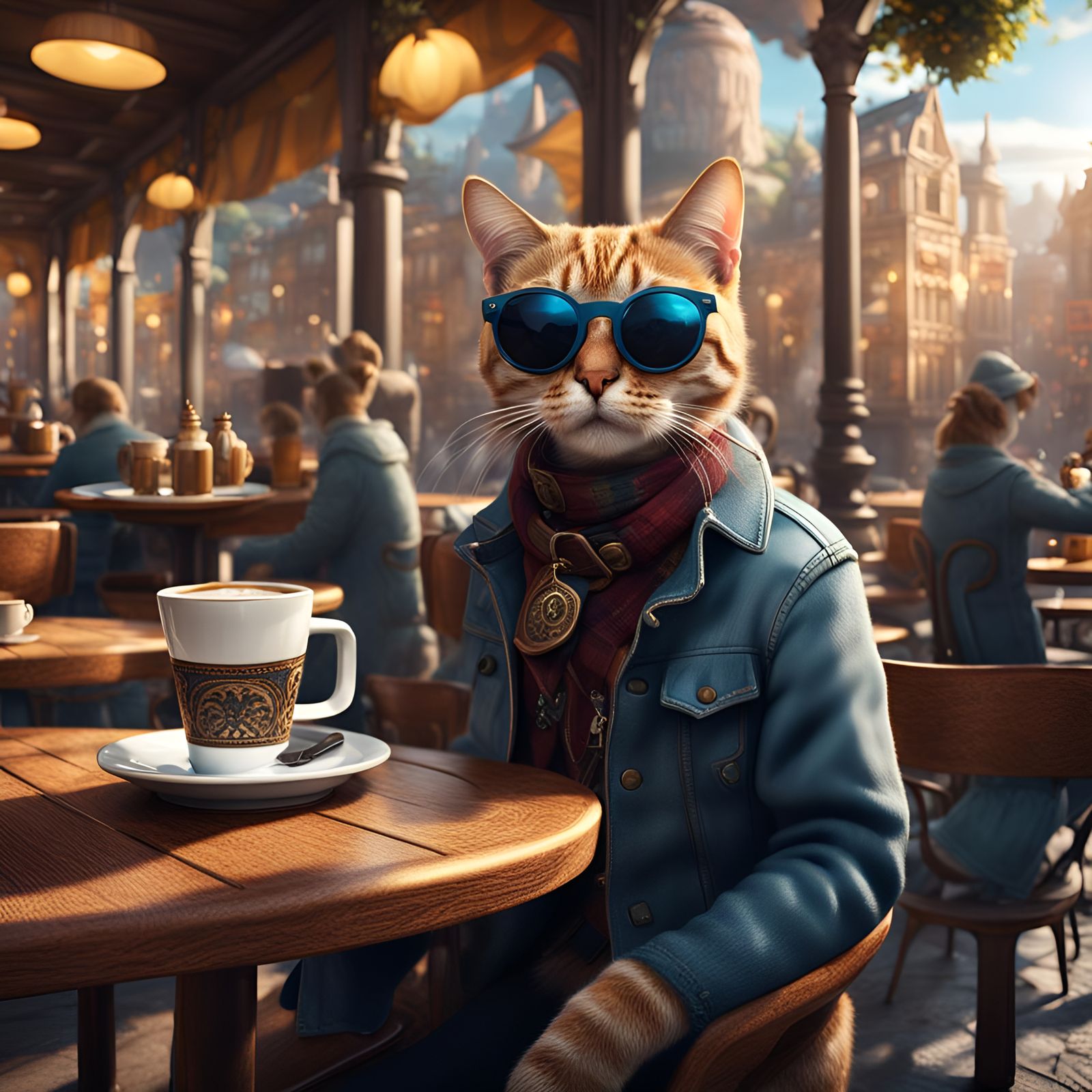 Cat Cafe Scene in Detailed Digital Painting