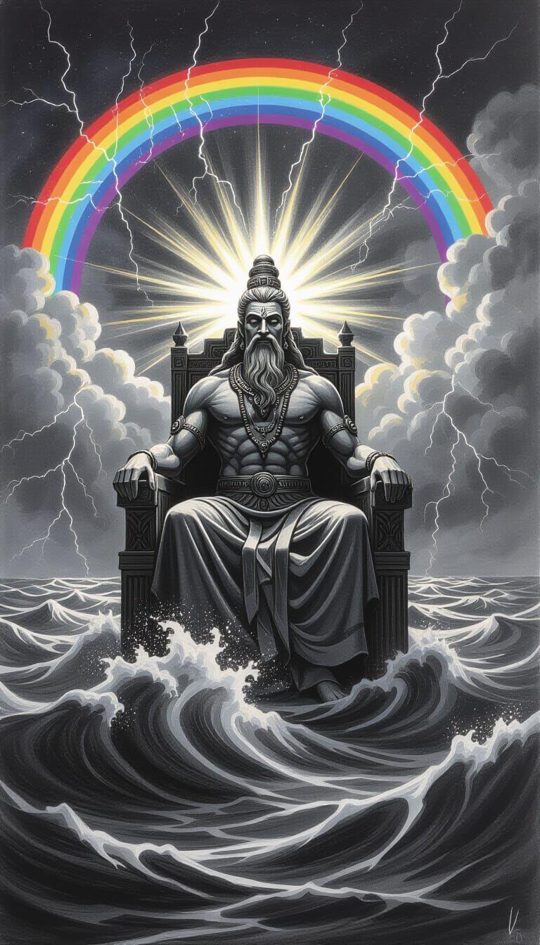 Ethereal Deity on Throne in Stormy Ocean Charcoal Drawing