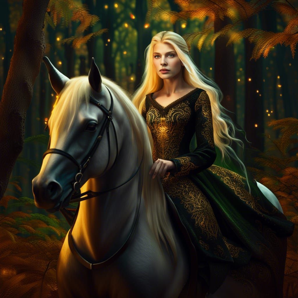 Beautiful Witch Rides Unicorn in Autumn Forest