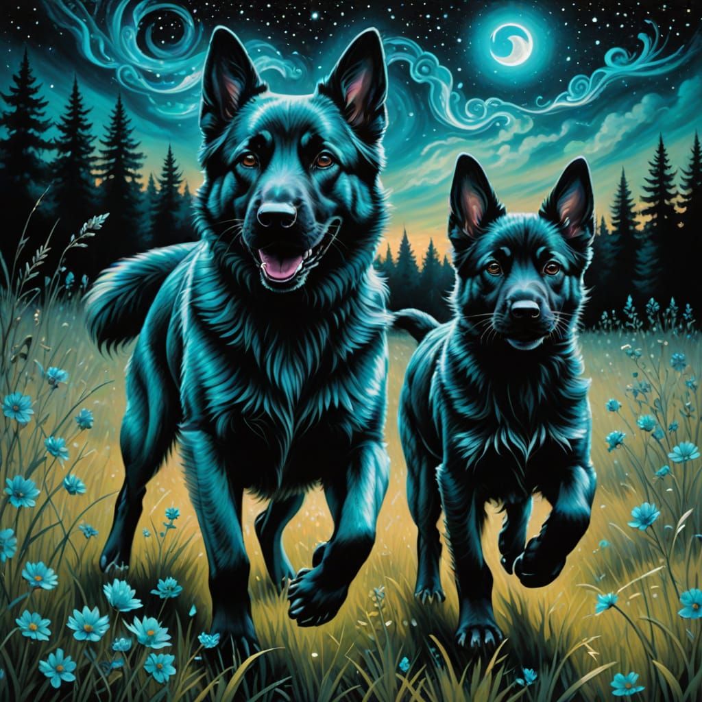 German Shepherds enjoying running free.