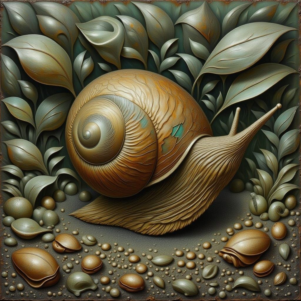 Earthy Snail Surrounded by Leaves, Enameled Effect