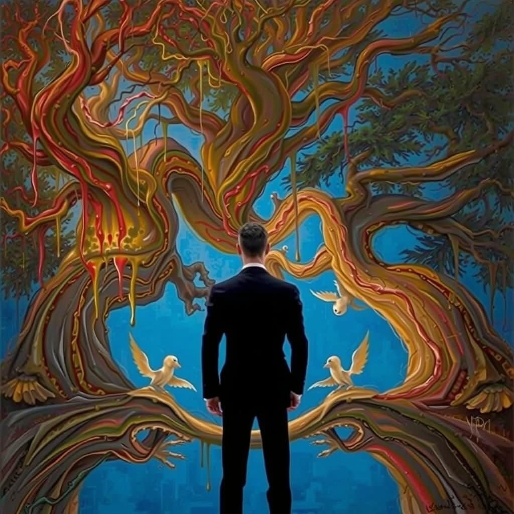 Surrealist Tree Melts in a Dreamlike, Abstract Scene