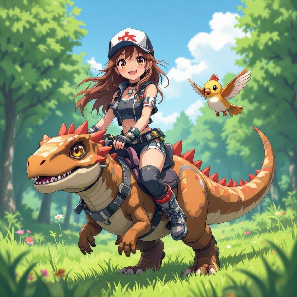 Anime Monster Tamer Riding Dinosaur in Sci-Fi Outfit