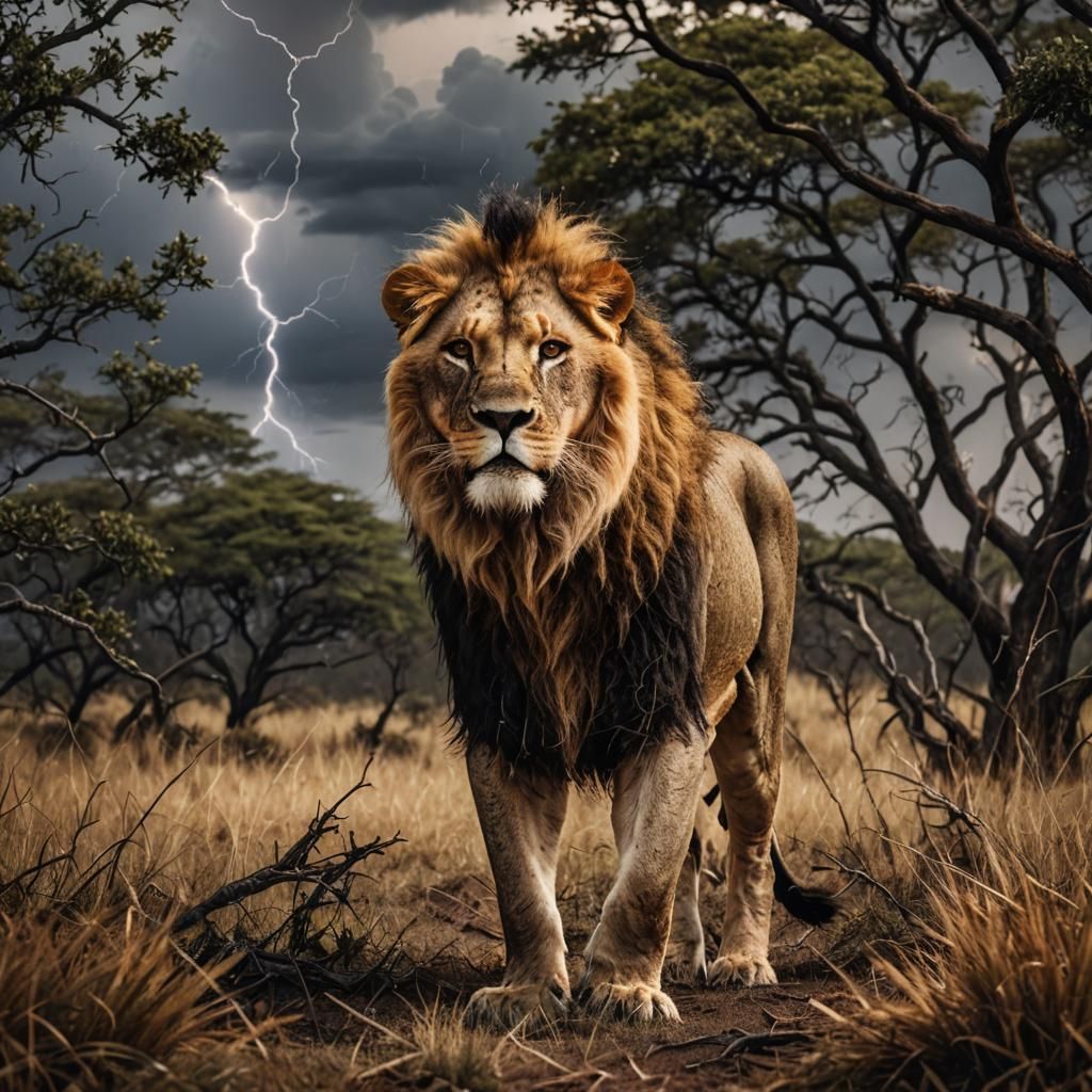 Lion in Stormy Savannah: Cinematic Wildlife Photography