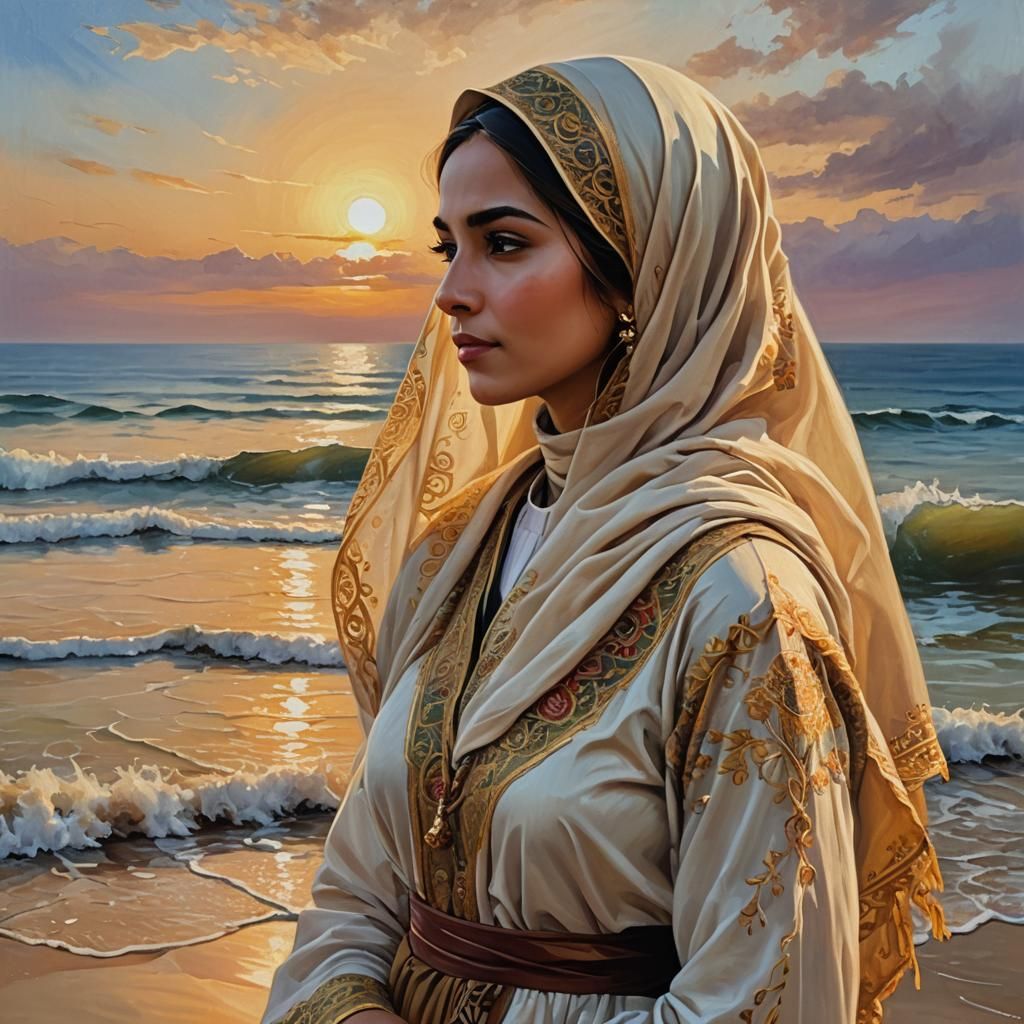 Girl at Sunset: Vibrant Oil Painting of Serene Sea