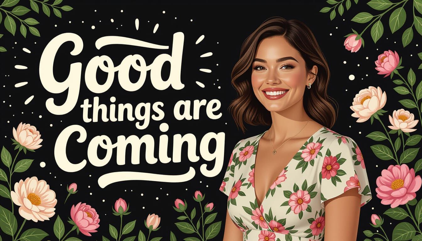 Woman in Floral Dress with Positive Message in Splash Art