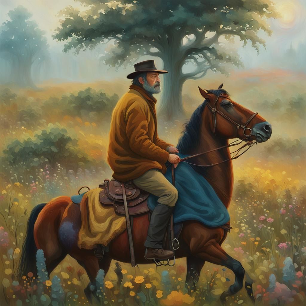 Man and Pony in Misty Meadow Oil Painting