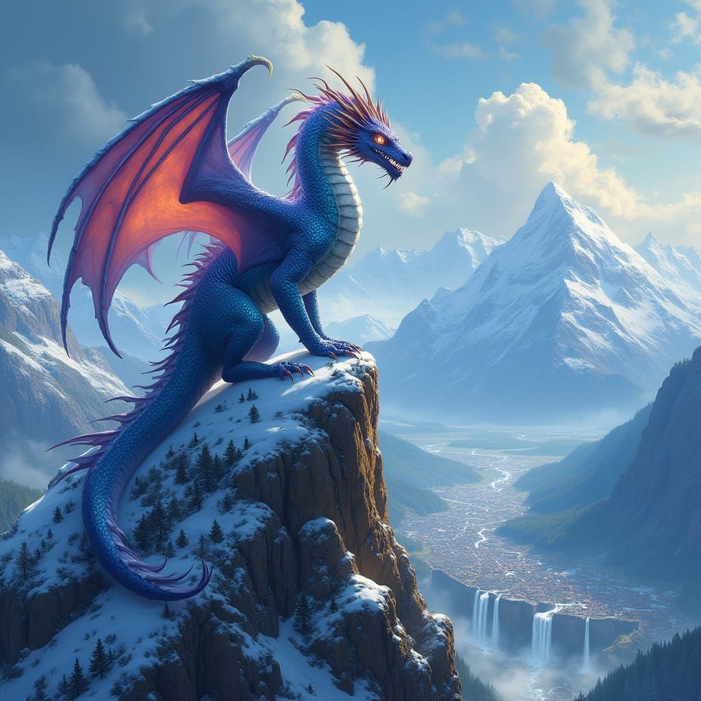 Majestic Dragon on Snowy Mountain Peak in Iridescent Colors
