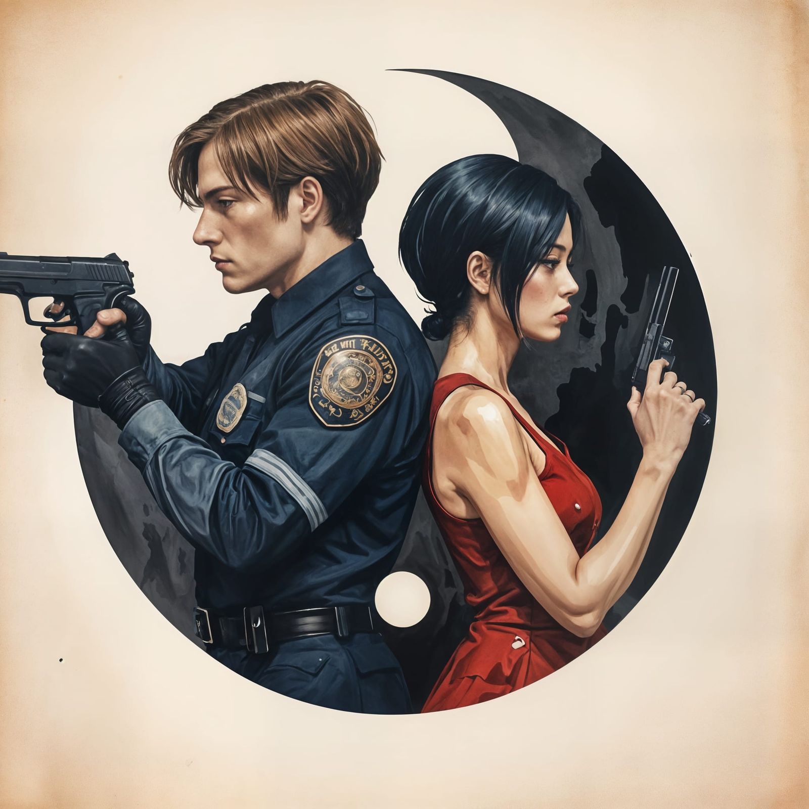 Leon Kennedy and Ada Wong in a Surreal Liquid Ink Painting