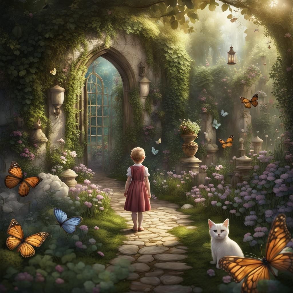 Child, Cat and Butterflies in Secret Garden Painting