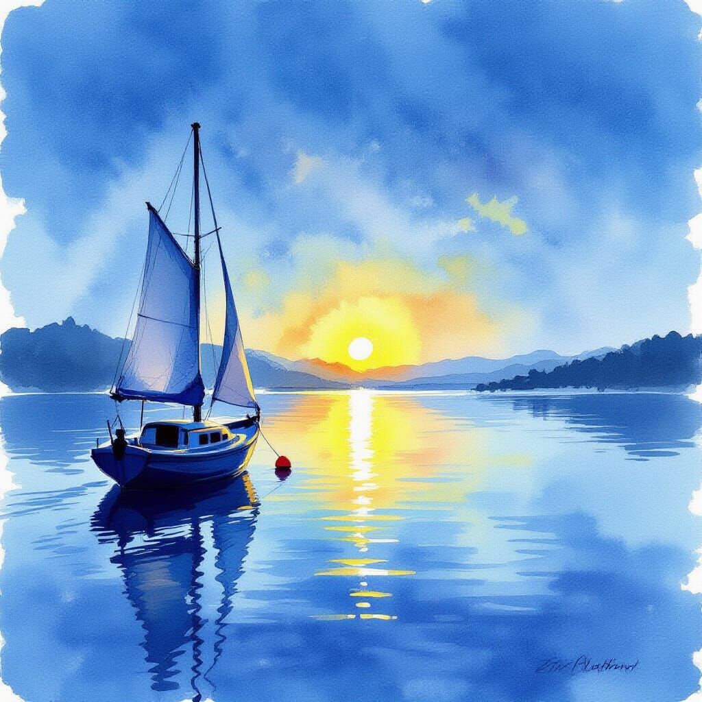 Blue Watercolor Sunrise Landscape