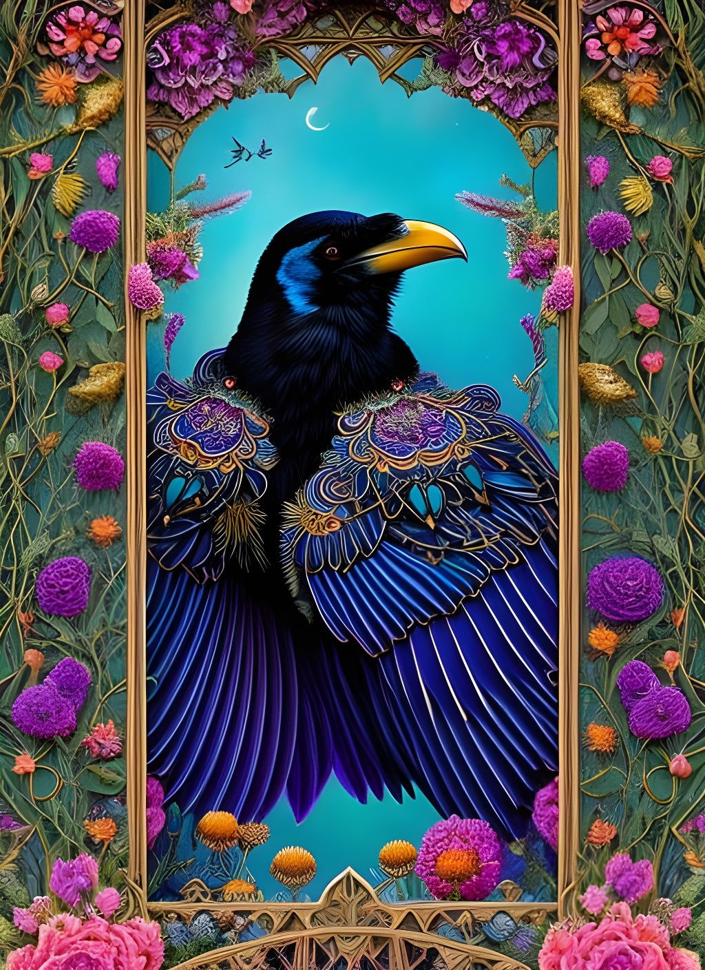 Adorable Raven Bat in Embroidered Garden, Digital Art
