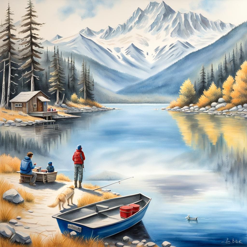 Lakeside Charcoal Drawing of Boy, Dog, and Father