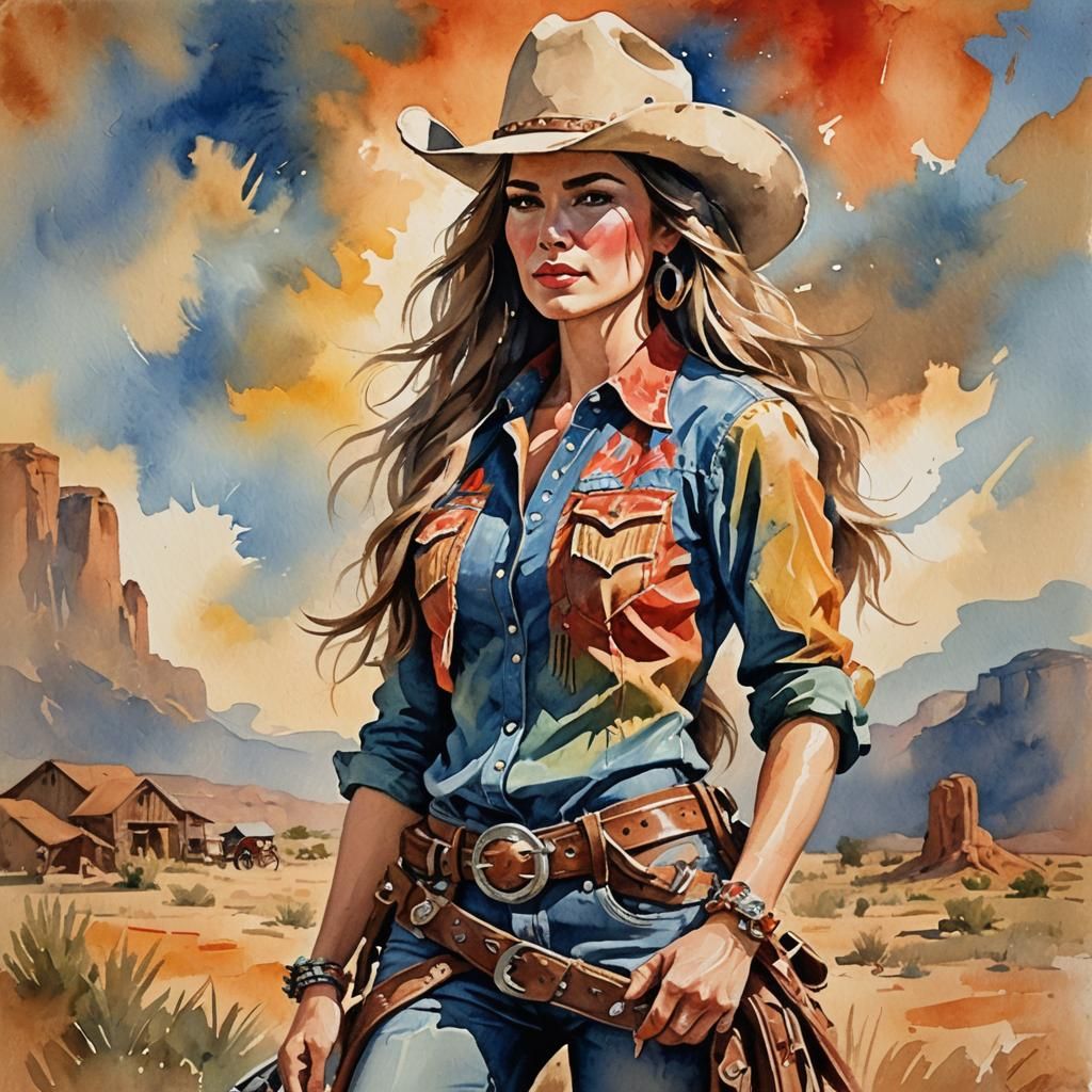 Country Cowgirl in Gouache Style Watercolor