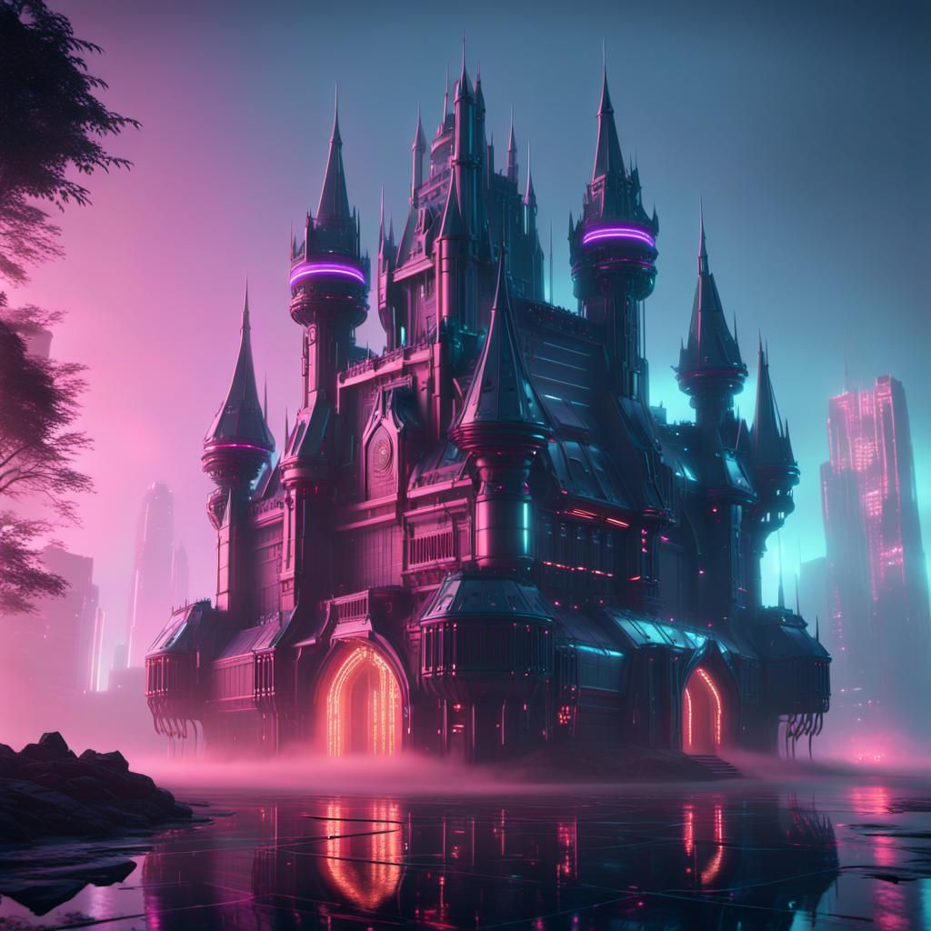 Futuristic Gothic Castle with Mech Details in Cyberpunk Styl...