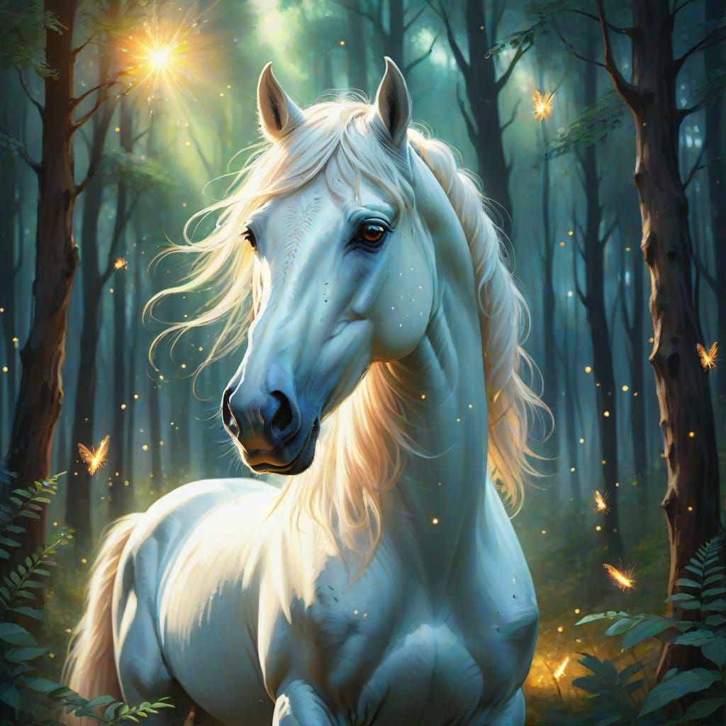 Enchanted White Stallion in Vibrant Oil Painting