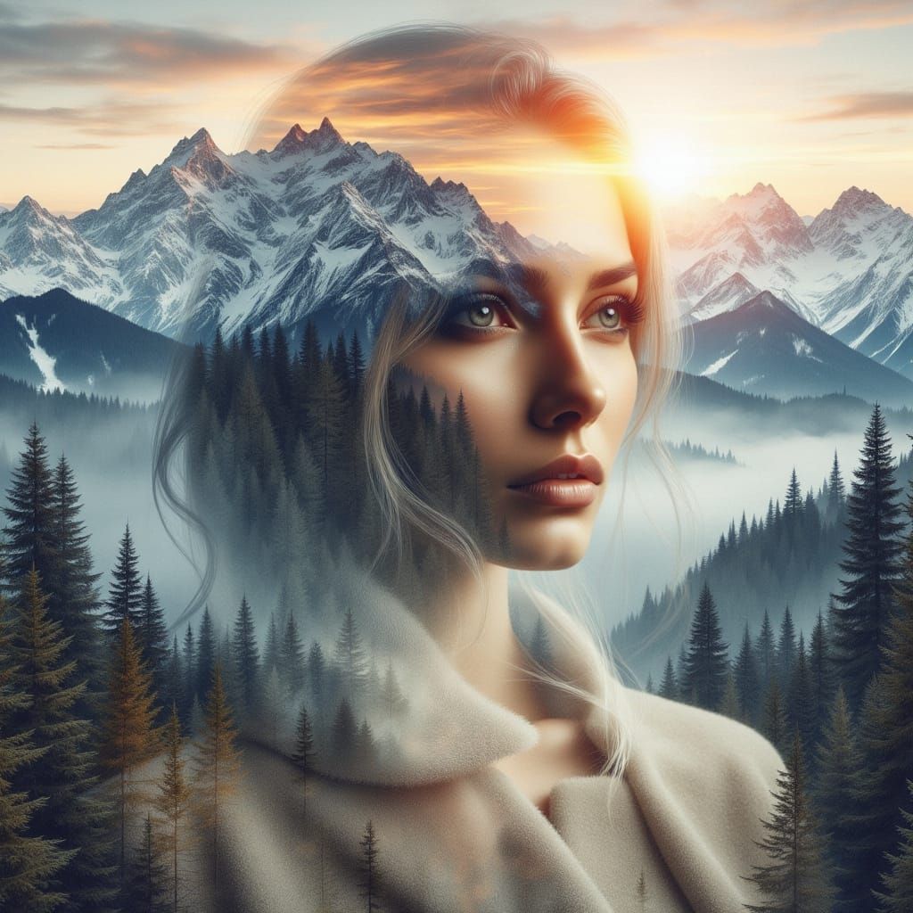Ethereal Portrait: Woman and Snowy Peaks
