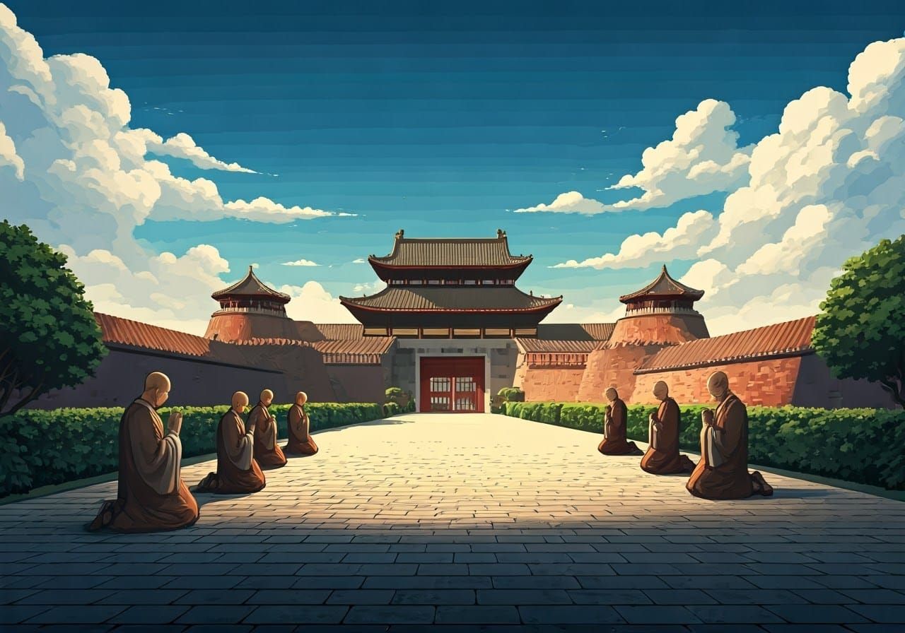 Serene Shaolin Monks in Azure Skies Outside Shuri Castle