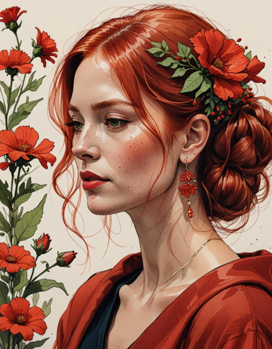 Romantic Redhead Woman with Vibrant Flower