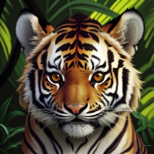 Sunlit Tiger Cub Portrait in Dense Jungle