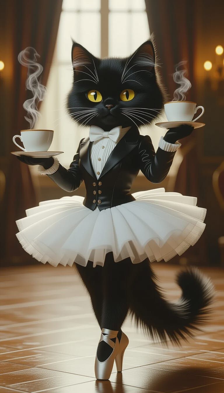 Cat Ballerina in Ballroom, Photorealistic Style
