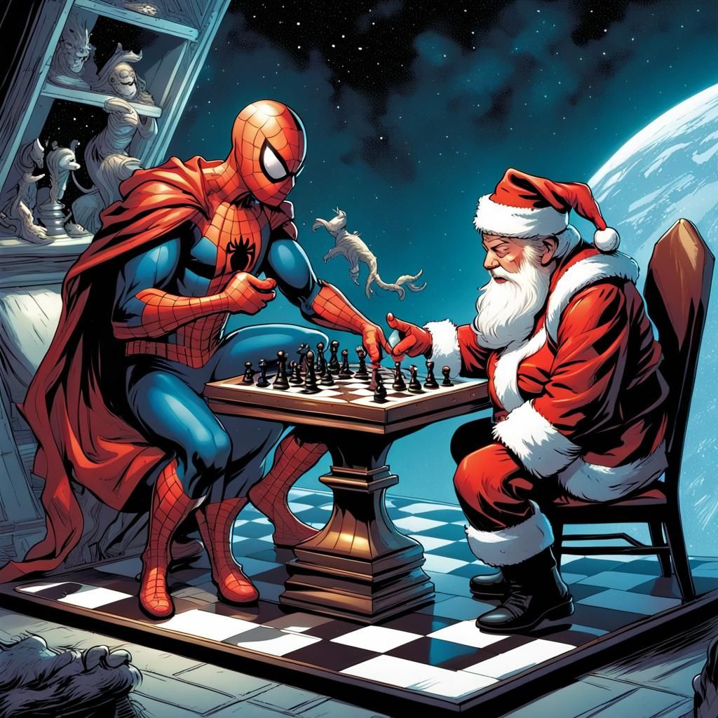 Spiderman and Santa Claus Playing Chess in Space